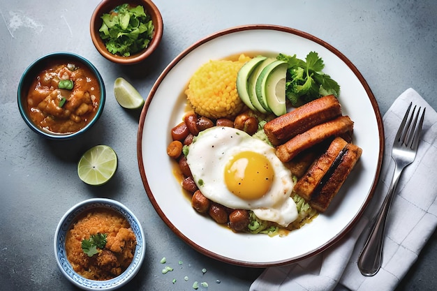 Um prato de comida com ovo frito e feijão.