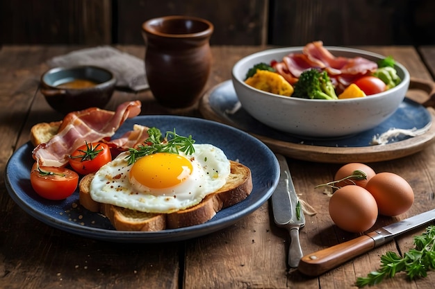 um prato de comida com ovos, bacon e legumes