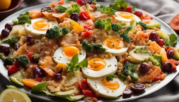 Um prato de comida com ovos, brócolis e outros vegetais