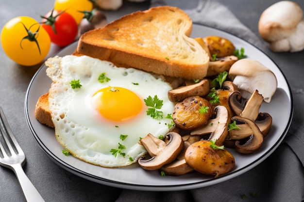 Um prato de comida com ovos fritos e torradas