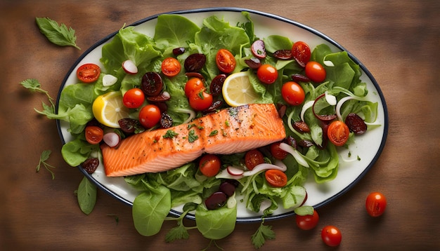 um prato de comida com salada de salmão e verduras