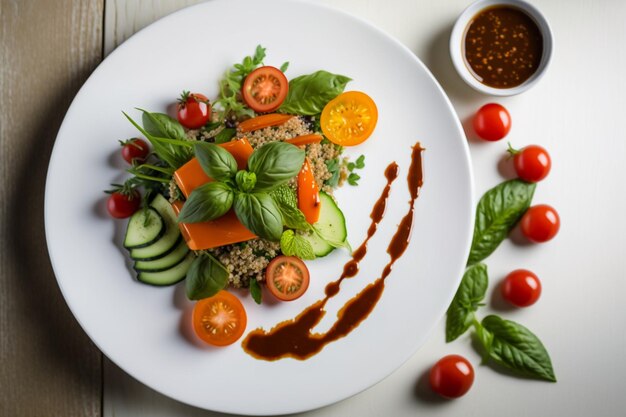 Um prato de comida com salada e molhos