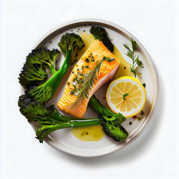 Um prato de comida com salmão e brócolis.
