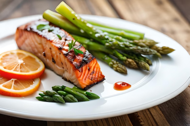 Um prato de comida com salmão e espargos