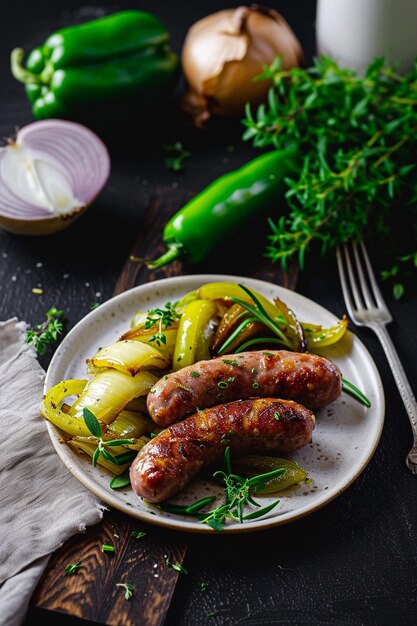 Foto um prato de comida com salsichas e cebolas