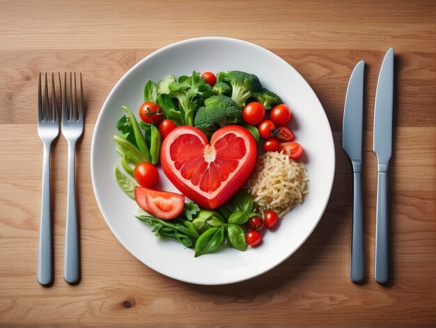 um prato de comida com tomate e brócolis em forma de coração