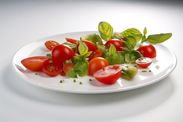 Um prato de comida com tomates e ervas verdes