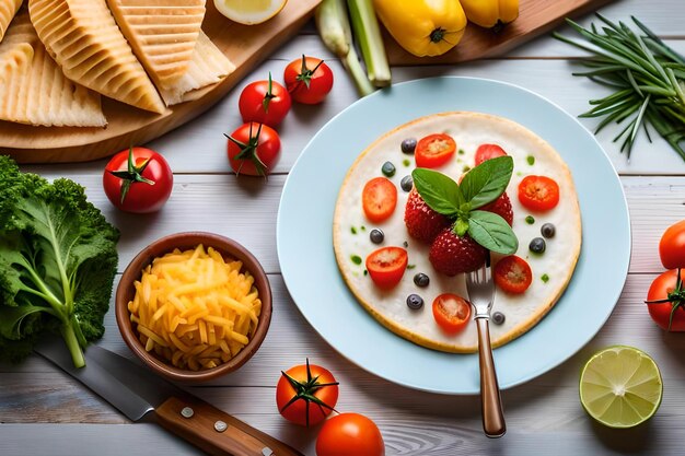 um prato de comida com tomates, queijo e vegetais numa mesa de madeira.