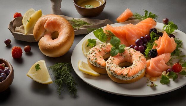 um prato de comida com um bagel e fatias de limão