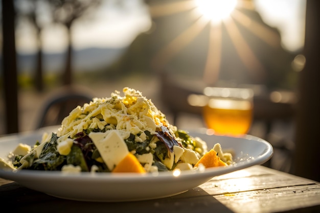 Um prato de comida com um copo de cerveja ao fundo