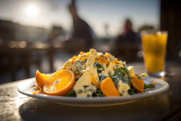 Um prato de comida com um copo de suco de laranja ao fundo.