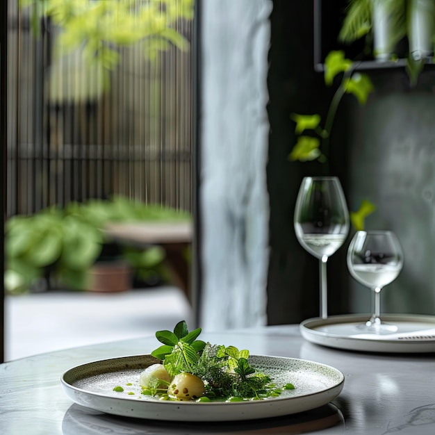 um prato de comida com um copo de vinho ao lado