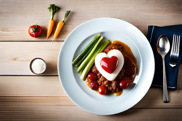 Um prato de comida com um coração em cima e um prato de comida com garfo e faca ao lado.