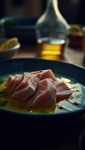 Um prato de comida com um líquido amarelo ao fundo