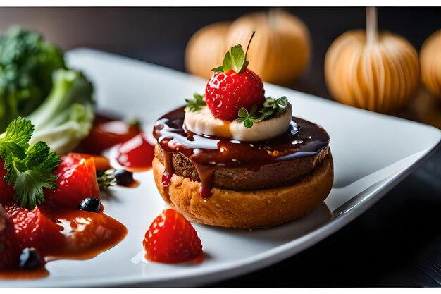 um prato de comida com um morango e bolo de chocolate nele