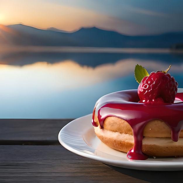 Um prato de comida com um morango e um lago ao fundo.