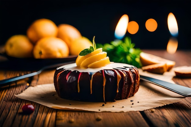 Foto um prato de comida com um pedaço de bolo e uma vela no fundo
