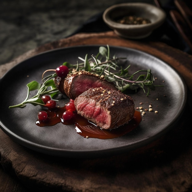 Um prato de comida com um pedaço de carne com sementes de gergelim.