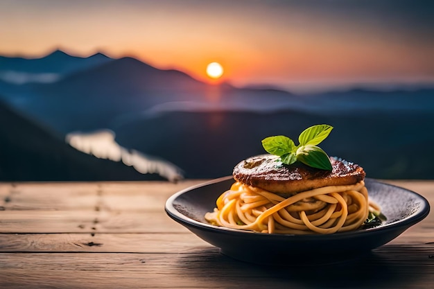 um prato de comida com um pedaço de carne e um pôr-do-sol no fundo