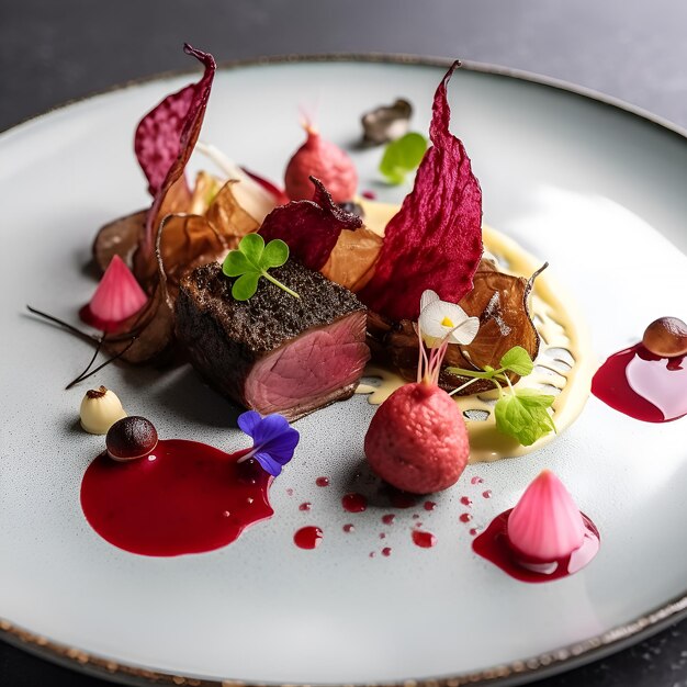 Um prato de comida com um pedaço de carne e uma flor ao lado