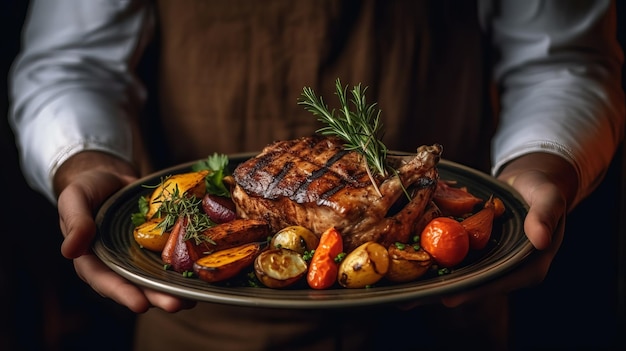 Um prato de comida com um pedaço de carne