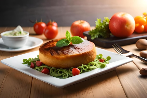 Um prato de comida com um pedaço de pão e um prato de tomate na mesa.