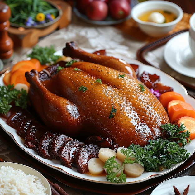 um prato de comida com um peru e arroz e vegetais