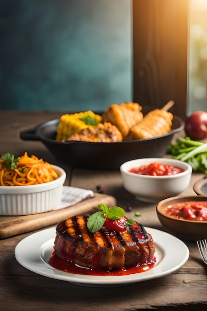 Um prato de comida com um prato de carne grelhada e uma tigela de espaguete.