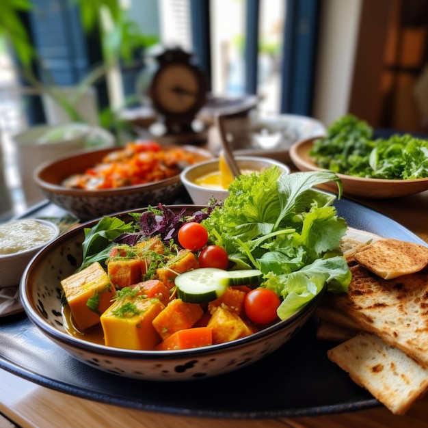 Um prato de comida com um prato de comida em cima e um relógio na parede atrás dele.