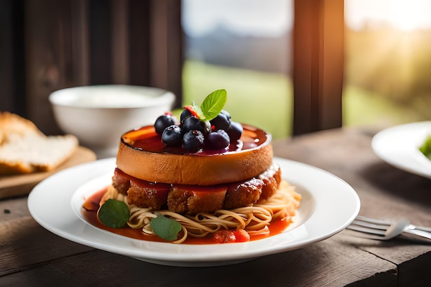 Um prato de comida com um prato de comida em cima