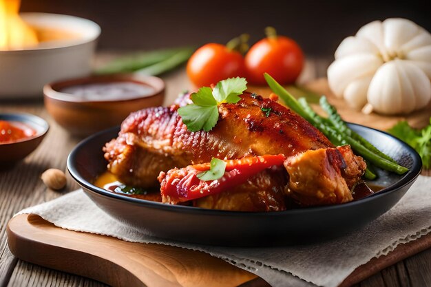 Um prato de comida com um prato de frango em uma mesa de madeira.