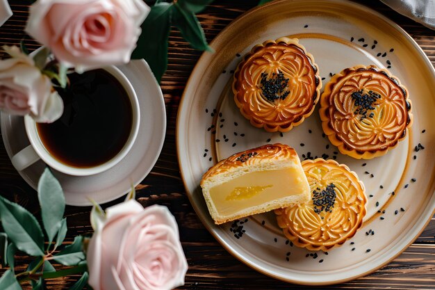 Um prato de comida com uma chávena de café e um prato de biscoitos