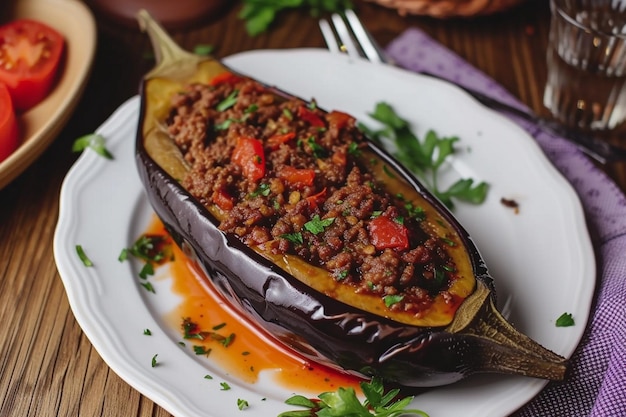 um prato de comida com uma colher e uma faca nele