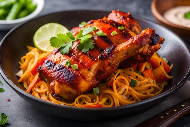 Um prato de comida com uma coxa de frango e macarrão.