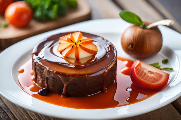 Um prato de comida com uma fatia de bolo de chocolate