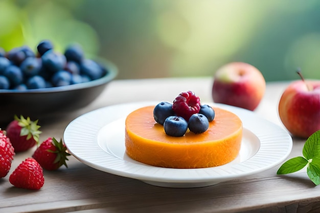 Um prato de comida com uma fruta nele