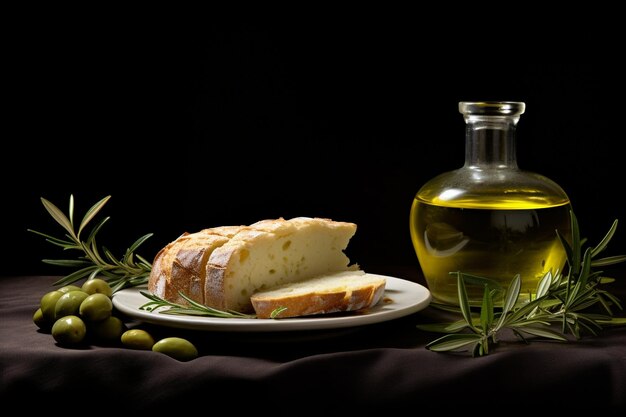 Um prato de comida com uma garrafa de azeite de oliva e uma garrafa