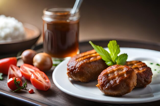 Um prato de comida com uma jarra de vinho tinto e um copo de molho de tomate.