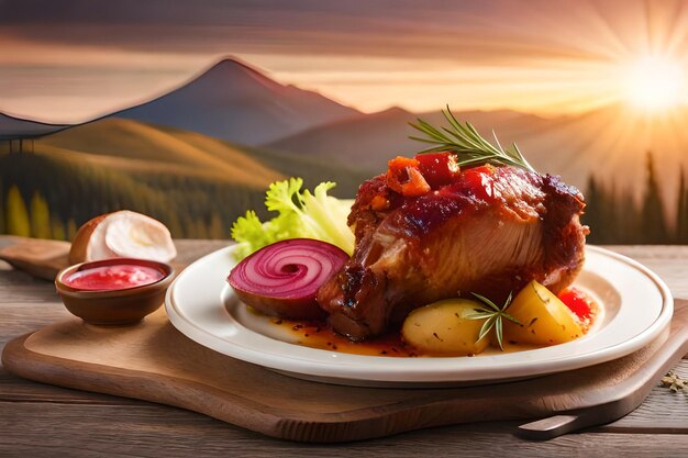 um prato de comida com uma montanha ao fundo