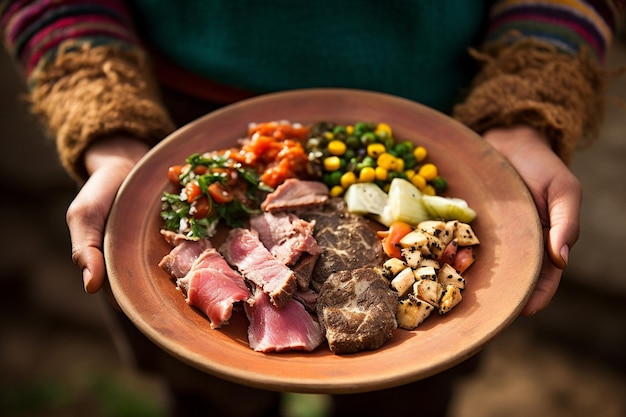 Foto um prato de comida com uma pessoa segurando um prato de alimentos