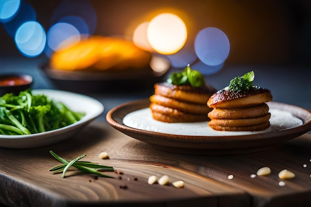 um prato de comida com uma pilha de panquecas e brócolis