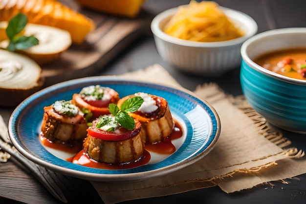 um prato de comida com uma tigela de comida nele