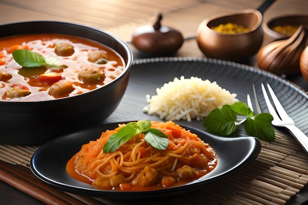 Um prato de comida com uma tigela de curry e uma tigela de arroz.