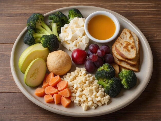 um prato de comida com uma tigela de molho e uma variedade de vegetais