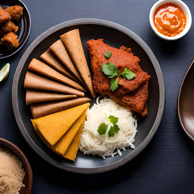 Um prato de comida com uma variedade de alimentos, incluindo arroz, arroz e uma tigela de molho.