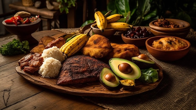 Um prato de comida com uma variedade de alimentos, incluindo frango, abacate e guacamole.