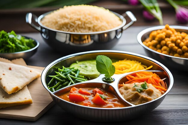 Um prato de comida com uma variedade de legumes e arroz.