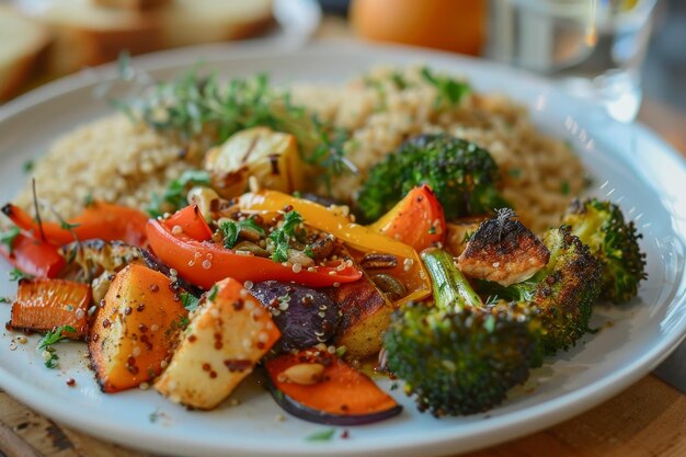 Um prato de comida com uma variedade de legumes, incluindo brócolis e pimentas