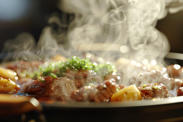 Foto um prato de comida com vapor a subir dele.