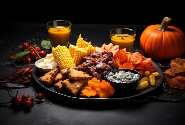 um prato de comida de halloween e guloseimas no estilo de laranja claro e cinza escuro